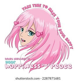 Anime Girl Illustration mit Slogan. Vektorgrafik-Design für T-Shirt. schöne Mädchenzeichnung