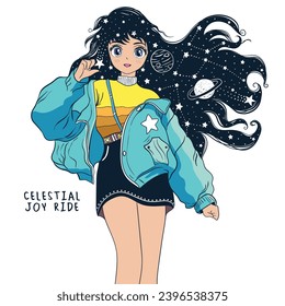 Ilustración de Anime Girl con eslogan. Diseño gráfico vectorial para camisetas. Arte místico de anime. Caricatura de manga. Chica sobre moscas al arte del tatuaje del cielo. Gráfico de niños de k-pop de Japón.