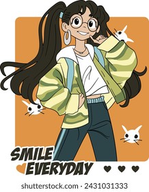 Anime Girl illustration with smile everyday. Vector graphic design for t-shirt.