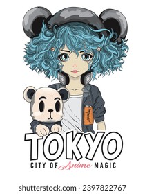 Anime Girl illustration with Tokyo slogan. Vector graphic design for t-shirt. Street style anime art. Manga cartoon character. Japan manga, children graphic. South korean cartoon characters.