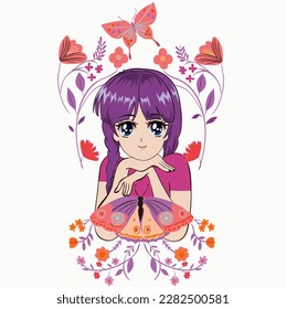 Ilustración de Anime Girl. Diseño gráfico vectorial para camiseta. Bonito dibujo de chica. Hora de primavera con flores.