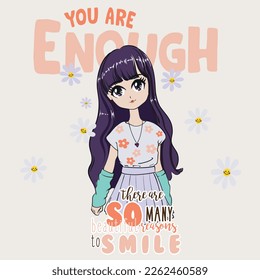 Anime Girl illustration withslogan. Vector graphic design for t-shirt.