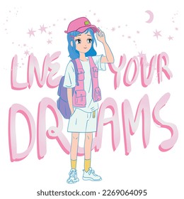 Anime Girl illustration withslogan. Vector graphic design for t-shirt. Cute girl drawing