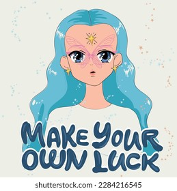 Anime Girl illustration withslogan. Vector graphic design for t-shirt. butterfly girl drawing