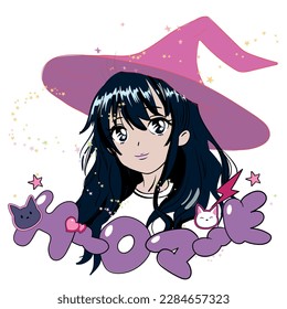 Ilustración de Anime Girl con eslogan. Diseño gráfico vectorial para camiseta. dibujo de bruja