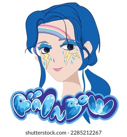 Anime Girl illustration withslogan.  Vector graphic design for t-shirt. rainbow drawing.