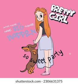 Anime Girl illustration withslogan.  Vector graphic design for t-shirt. cute girl with dog 