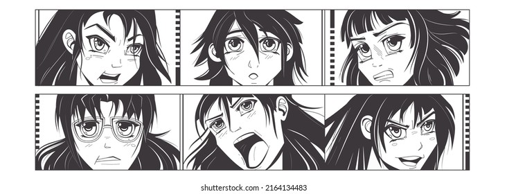 Anime girl. Japanese manga character. Face emotion expressions. Monochrome young women portraits set. Asian funny female person. Trendy comics human with eyes and mouths. Vector sketch art