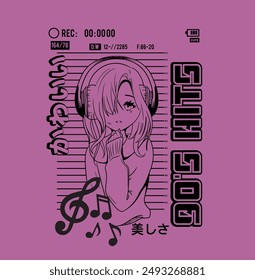 anime girl. Japanese text means "beauty , cute". big eyes