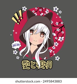 anime girl. Japanese text means "love and kindness". big eyes