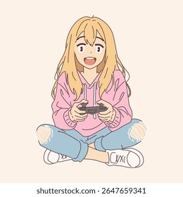 Anime girl with joyful expression playing video games. She is wearing casual clothes sitting crosslegged on simple background. Perfect for gaming and youth themes.