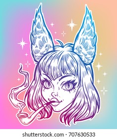 Anime girl. Kawaii girl with fox ears. Highly detailed vector illustration. Trendy print. Manga style. Isolated vector illustration. 