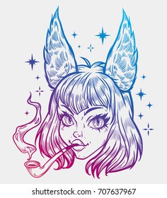 Anime girl. Kawaii girl with fox ears. Highly detailed vector illustration. Trendy print. Manga style. Isolated vector illustration. 