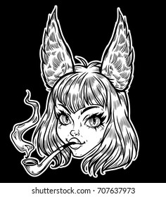 Anime girl. Kawaii girl with fox ears. Highly detailed vector illustration. Trendy print. Manga style. Isolated vector illustration. 