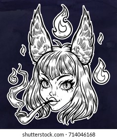 Anime girl. Kawaii girl with fox ears. Highly detailed vector illustration. Trendy print. Manga style. Isolated vector illustration.