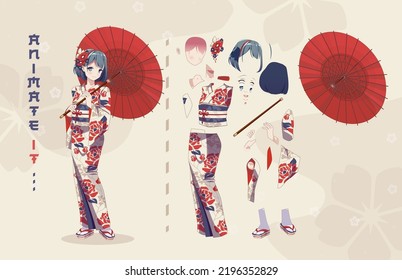 Anime girl in kimono with umbrella characters for animation