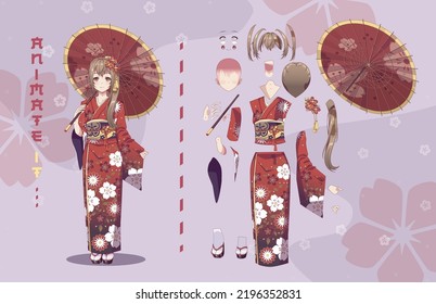 Anime girl in kimono with umbrella characters for animation