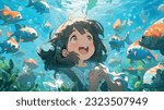 anime girl, with a kind-hearted spirit, befriends a mythical creature and together they embark on an enchanting journey through a world of underwater wonders