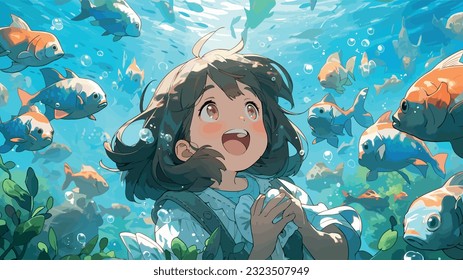 anime girl, with a kind-hearted spirit, befriends a mythical creature and together they embark on an enchanting journey through a world of underwater wonders