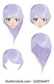 Anime girl with light violet hair, long and short style.