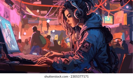 Anime girl listening to music with headphones, in her computer in a futuristic world, Vapor wave, synthwave, neon lights, tech, modern, vector illustration, earpods, beautiful, pretty, cute, dark hair