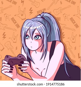 Anime girl with long blue hair playing games on a console. Manga doll holding a gamepad. Cartoon character of a modern woman playing and streaming online.
