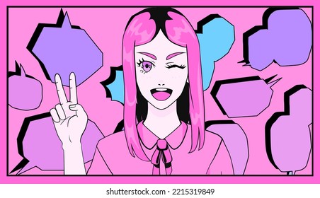 Anime girl with long pink hair showing peace gesture. Manga comics style illustration.