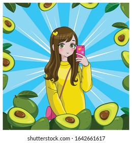 Anime girl makes selfie on smartphone with avocado on pop art background