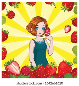 Anime girl makes selfie on a smartphone with strawberries on pop art background