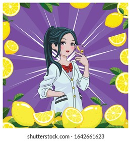 Anime girl makes selfie on smartphone with lemon on pop art background