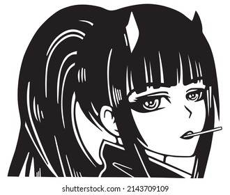 Anime girl from manga with 
cigarette. Vector graphics, vinyl sticker. Black and white anime girl