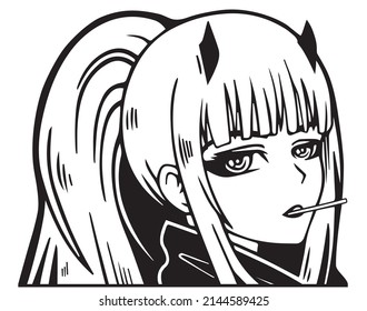 Niña animadora de manga con cigarrillo y pelo blanco. Gráficos vectoriales, pegatina de vinilo. Niña de anime blanca y negra