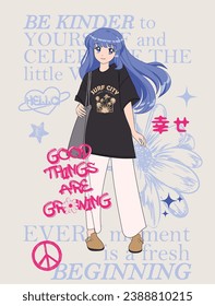 anime girl, modern dressed anime girl with blue long hair, flowers in the background, peace, slogan tee, Japanese word meaning 'happiness'.