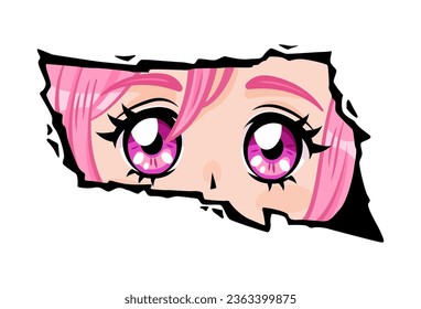 Anime girl with pink hair looking from a paper tear.