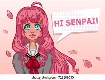 Anime girl with pink hair on a pink background. Vector illustration.