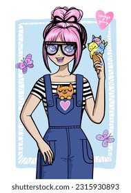 Anime girl with pink hair, wear overall, glasses, hold on ice cream. smiling animals faces ice cream. Fashion girl illustration. Manga style woman with long hair. Pretty young girl kawaii. School girl