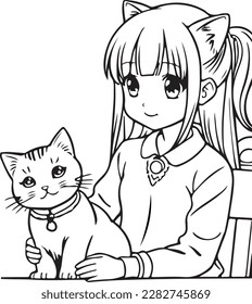 Anime girl play with kitten, vector coloring for children.