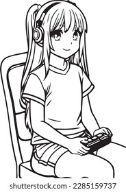 Anime girl is playing with a joystick console games, vector coloring for children