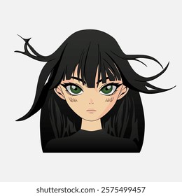 Anime girl portrait. Kawaii cute young woman face manga style, cartoon japanese comic character with big green eyes and angry expression. Vector isolated illustration.