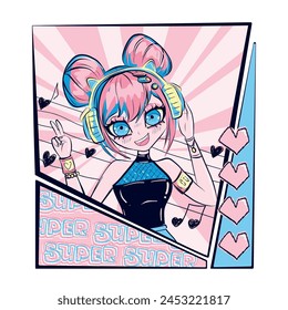 Anime girl poster, headphones with cat ears. Pink hearts and pattern text Super. Fashion manga girl smiling and listen music. School girl print for t-shirt