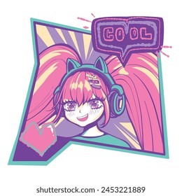 Anime girl poster, headphones with cat ears. Big heart and text COOL on speech bubble. Fashion manga girl smiling and listen music. School girl print for t-shirt