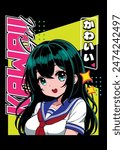 Anime girl poster with kawaii cute on theme of virtual reality, future, cyberpunk, retrofuturism. Japanese poster in manga style. Poster Y2K for typography. Kanji translation is Kawaii