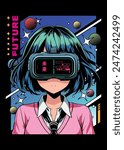 Anime girl poster with kawaii cute on theme of virtual reality, future, cyberpunk, retrofuturism. Japanese poster in manga style. Poster Y2K for typography. Kanji translation is Kawaii