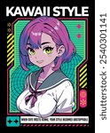 Anime girl poster with kawaii cute on y2k, cyberpunk, future, virtual reality, retro futuristic style. Tokyo Japan sexy anime girl. Tshirt graphic y2k vector illustration. Kanji translation is Kawaii