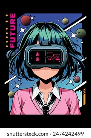 Anime girl poster with kawaii cute on theme of virtual reality, future, cyberpunk, retrofuturism. Japanese poster in manga style. Poster Y2K for typography. Kanji translation is Kawaii