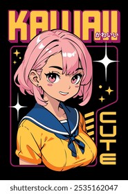 Anime girl poster com kawaii bonito sobre tema de realidade virtual, futuro, cyberpunk, futurista retro. Cartaz japonês em estilo mangá. Ilustração vetorial Y2k gráfica em camiseta. Tradução para kanji é kawaii