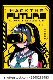 Anime girl poster with kawaii cute on y2k, cyberpunk, future, virtual reality, retro futuristic style. Tokyo Japan cute anime girl. Tshirt graphic y2k vector illustration.