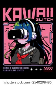 Cartel de la muchacha del anime con kawaii lindo en y2k, cyberpunk, futuro, realidad virtual, estilo futurista retro. Tokio Japón linda chica de anime. Camiseta gráfica y2k Ilustración vectorial.