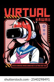 Anime girl poster com kawaii bonito no y2k, cyberpunk, futuro, realidade virtual, estilo futurista retro. Tokyo Japão bonito anime girl. Ilustração vetorial Y2k gráfica em camiseta.