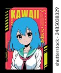 Anime girl poster in manga style. Tokyo Japan anime girl with concept of virtual reality,retro,futurism,futuristic,cyberpunk. Japanese y2k vector illustration. Kanji translation is Kawaii or Cute 